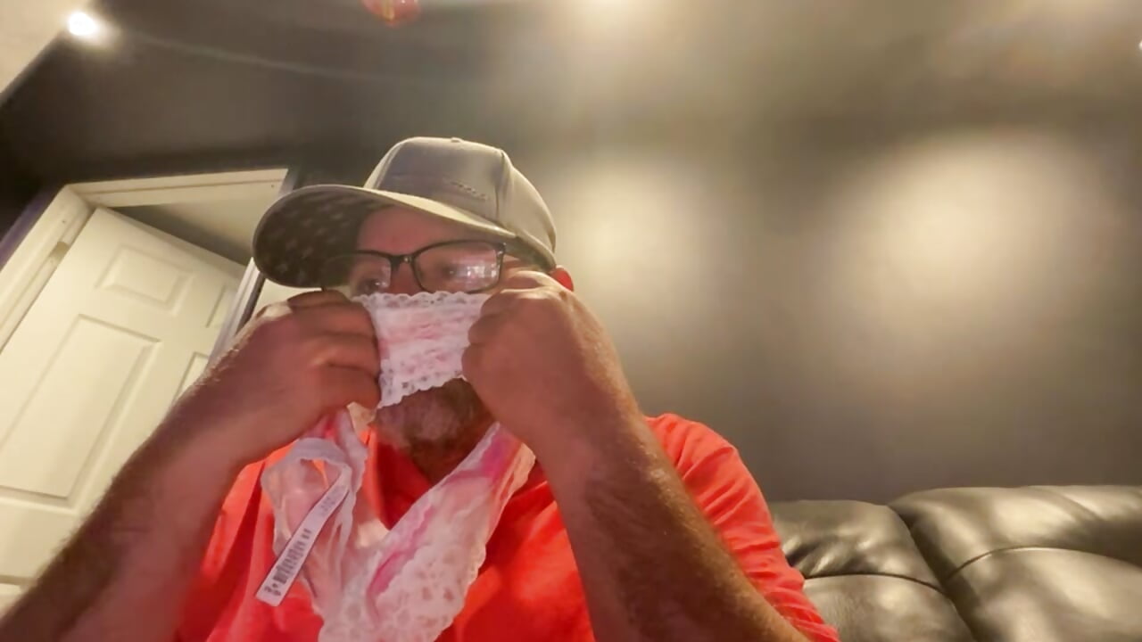 Sniffing her panties and jerking off!