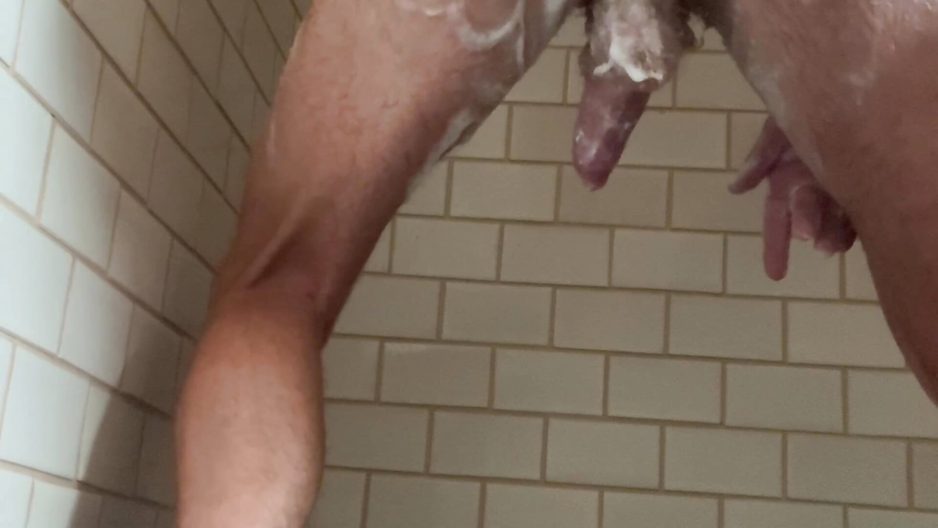 On the shower floor - asshole fingering & jerking full hairy body with foam