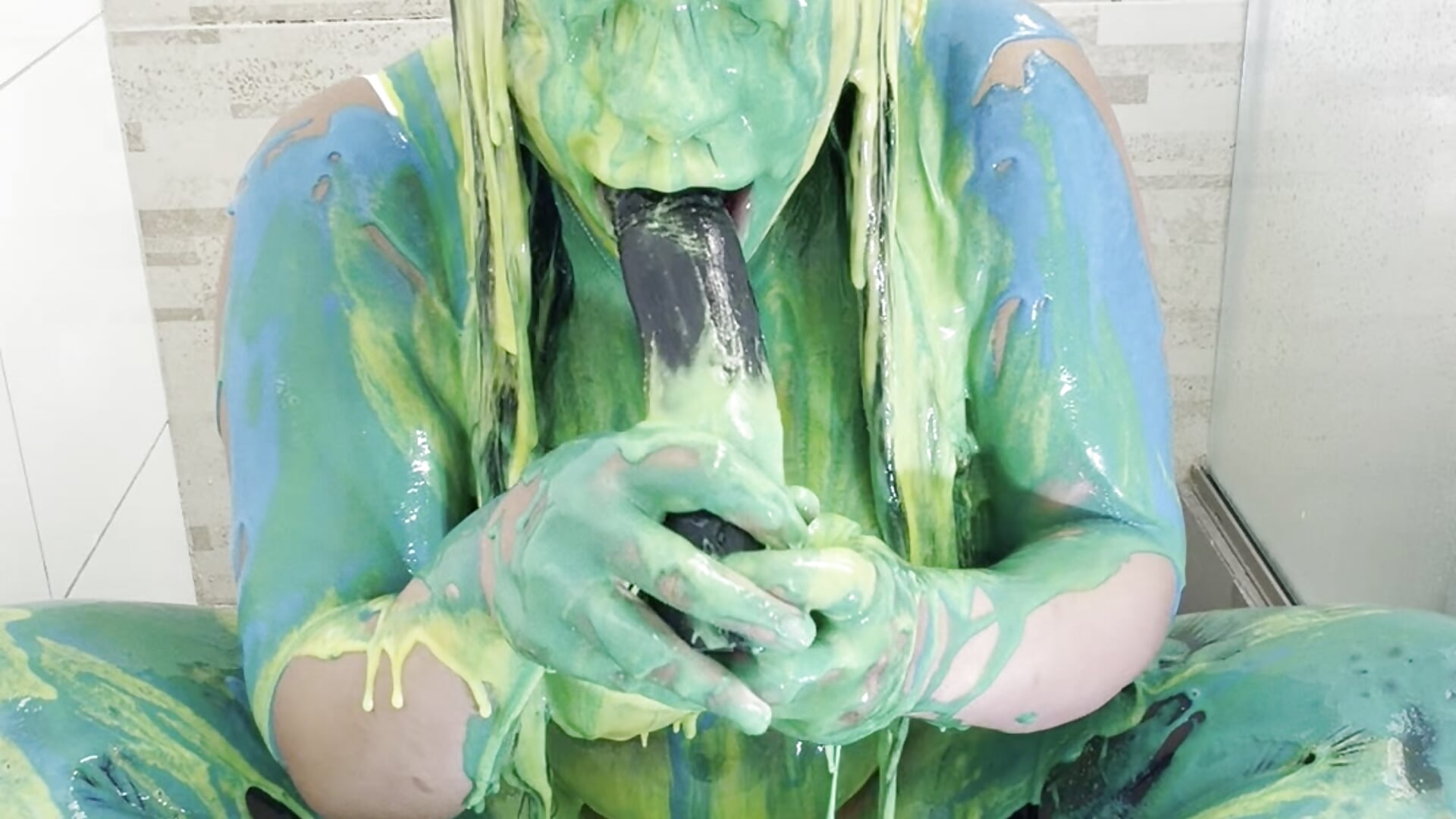 Dirty and play Covered in colorful pastry cream and wet Deep Throat.
