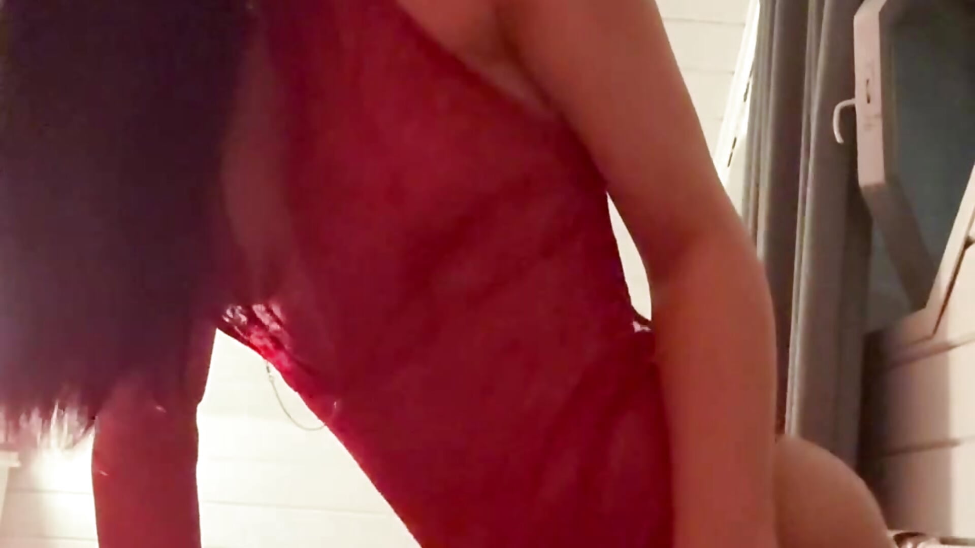 Riding on a pillow (I rode a pillow at home in a sexy red bodysuit and showed my holes)