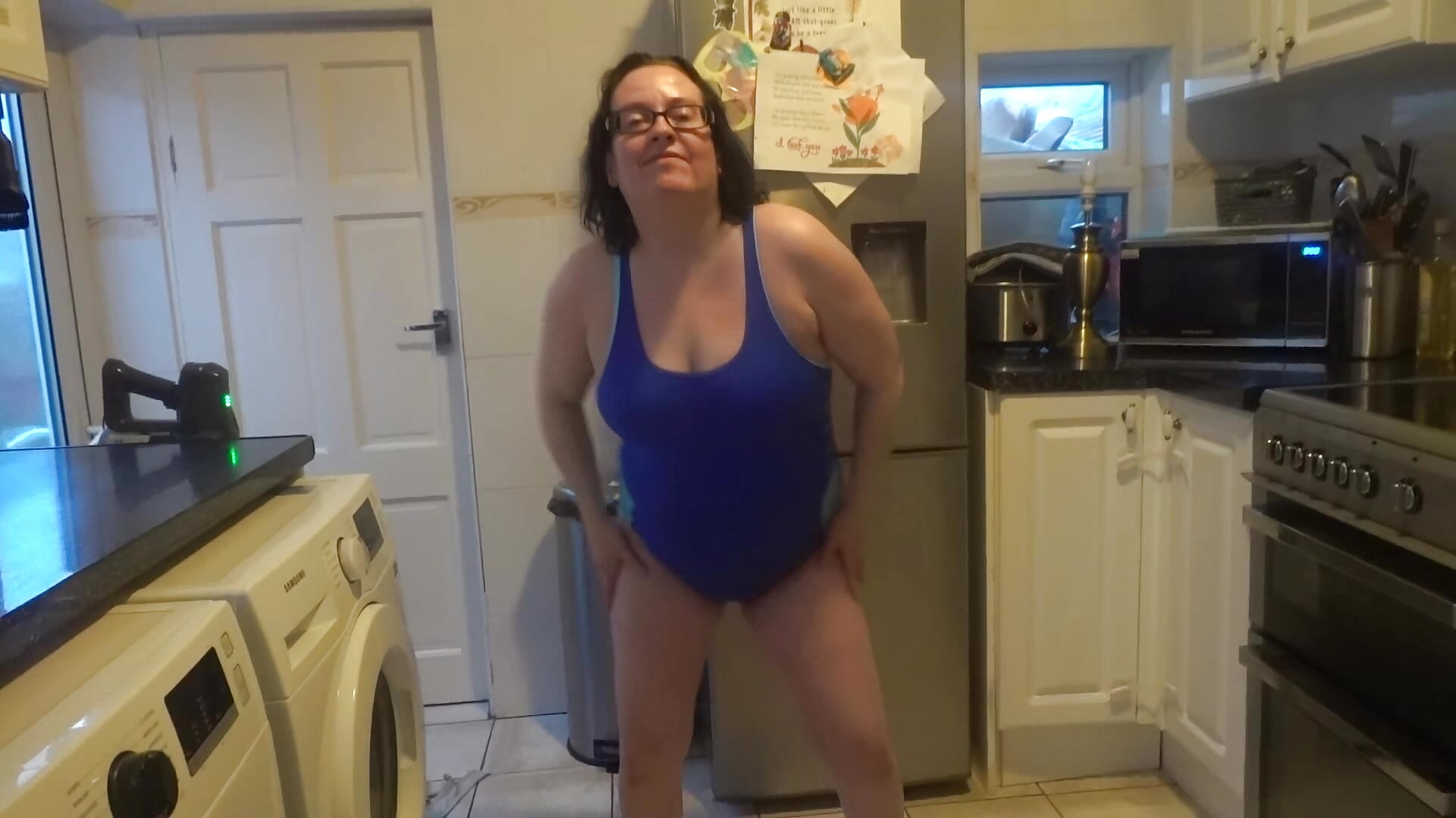 Wife with Big Breasts Dancing in Tight Blue Swimsuit