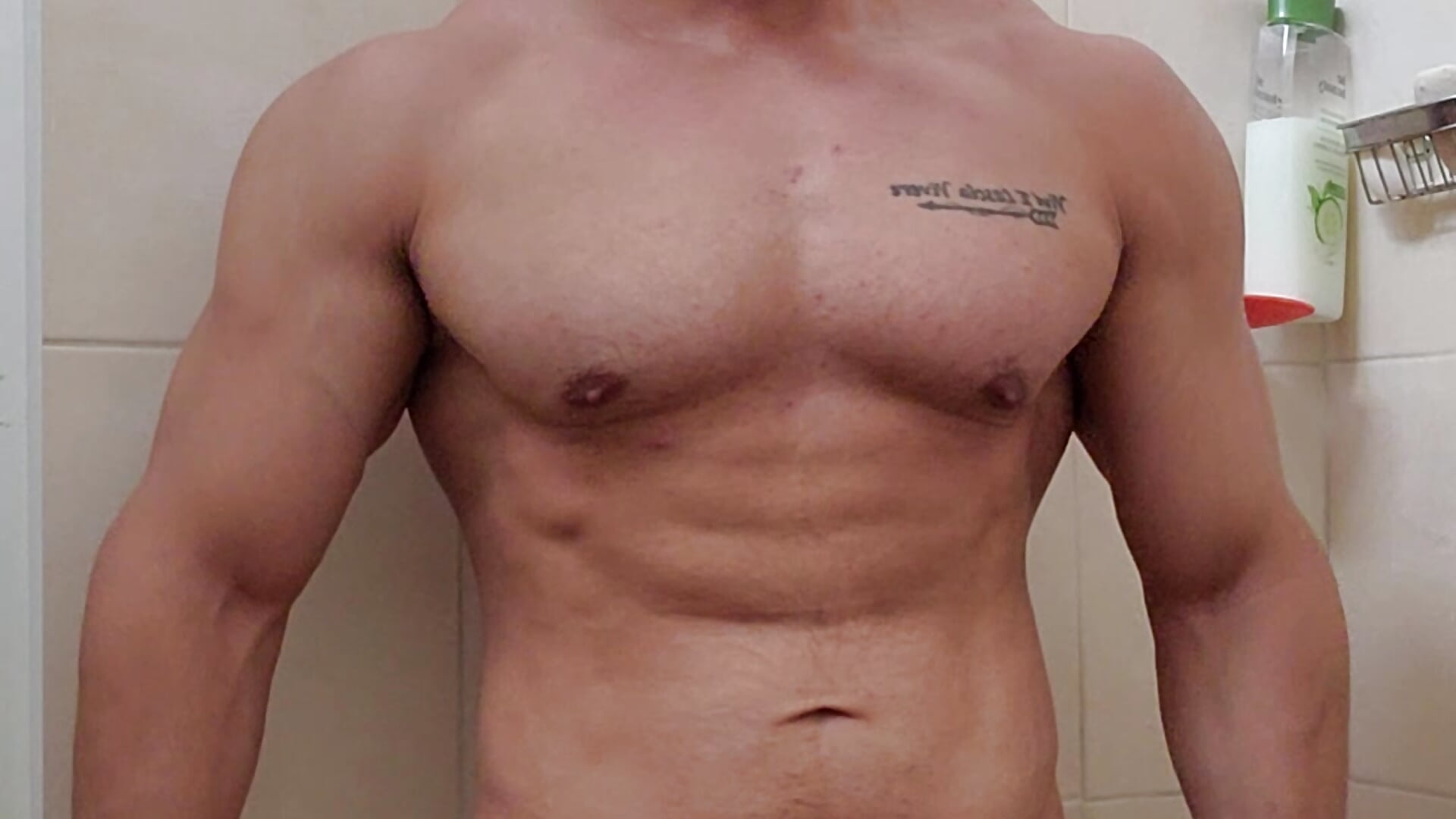 Bathrroom Muscle jhay abds, soft cock, flexing naked