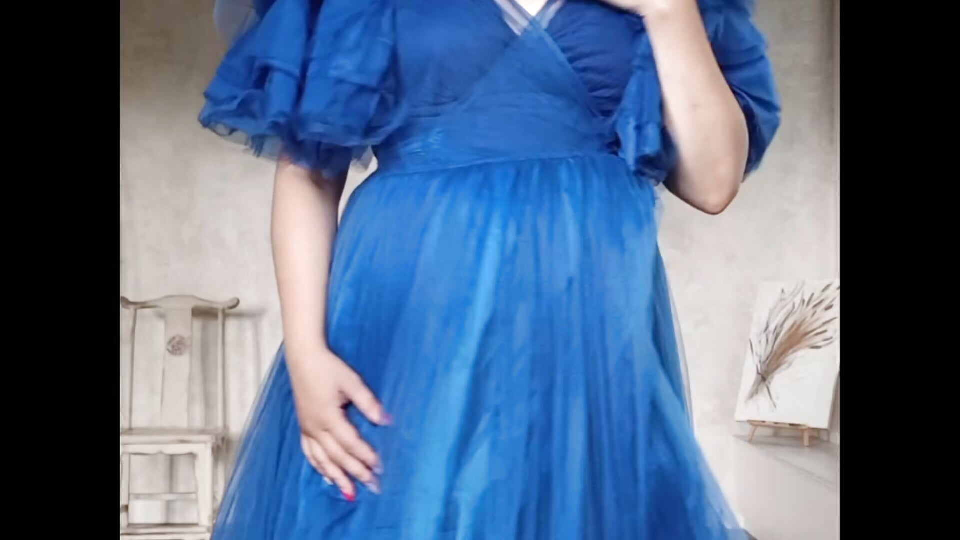 The dress is blue, purple and beard. and upskirt