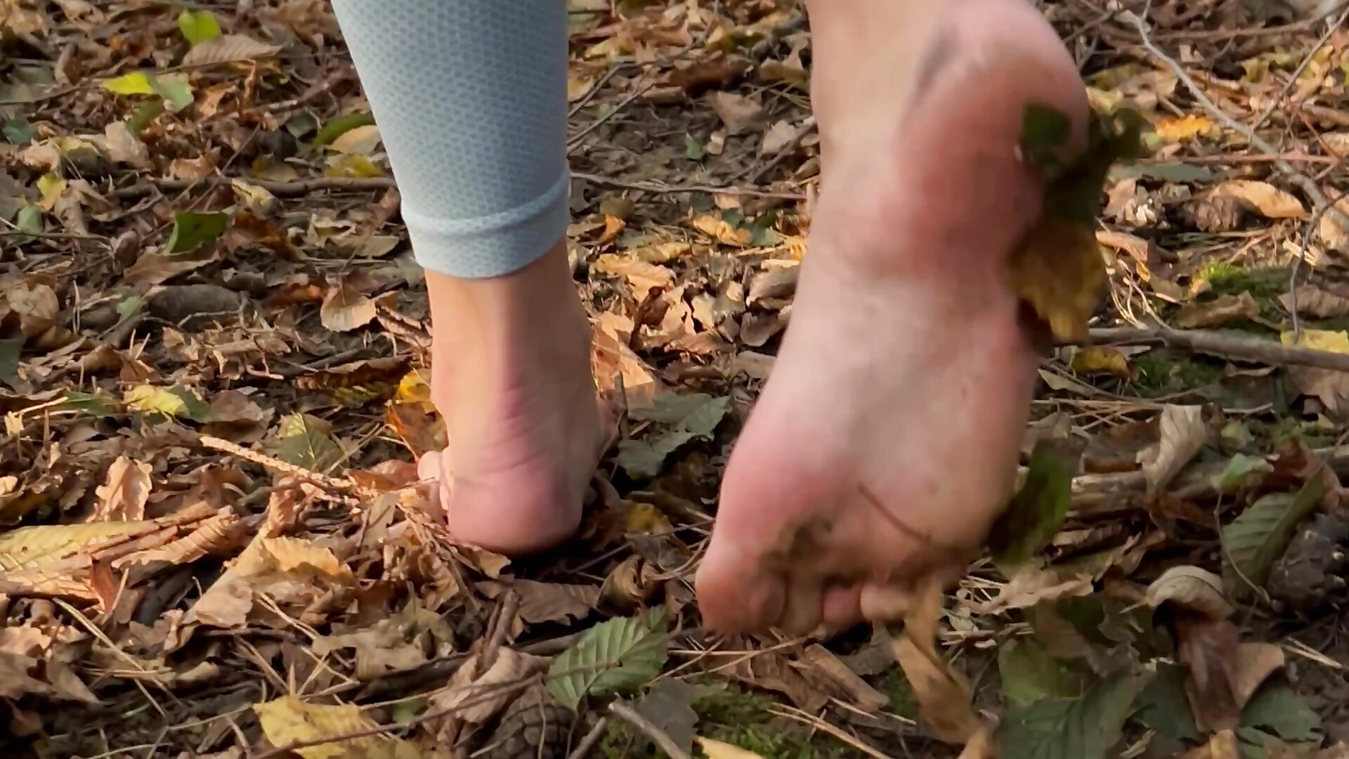 Barefoot walk in forest