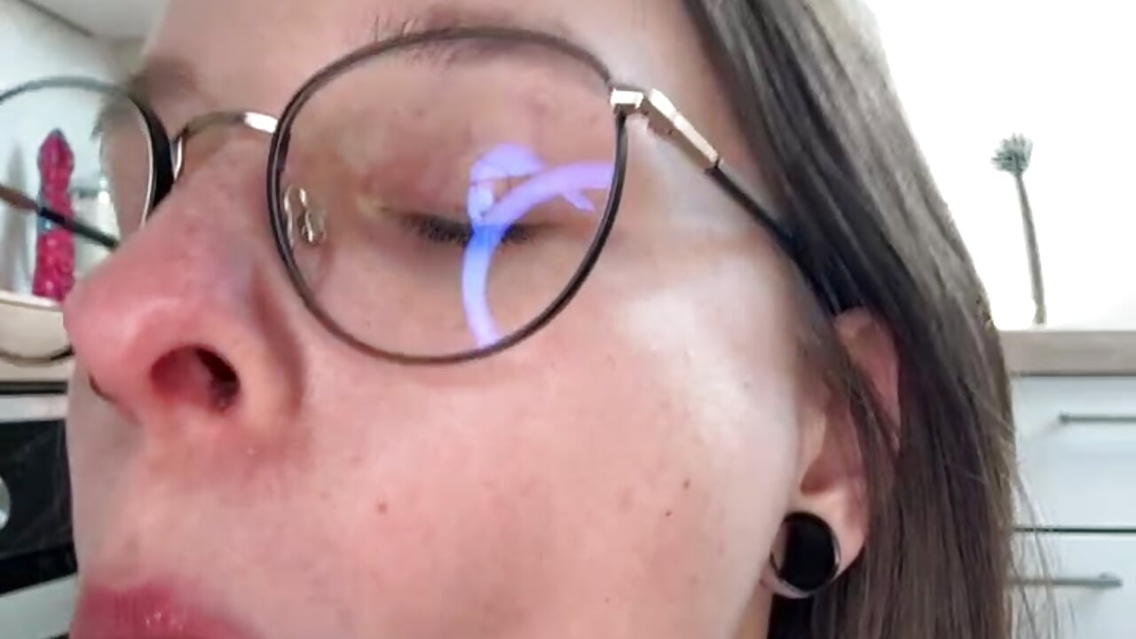 Blow my dildo in my kitchen and finger my pussy in front of the window