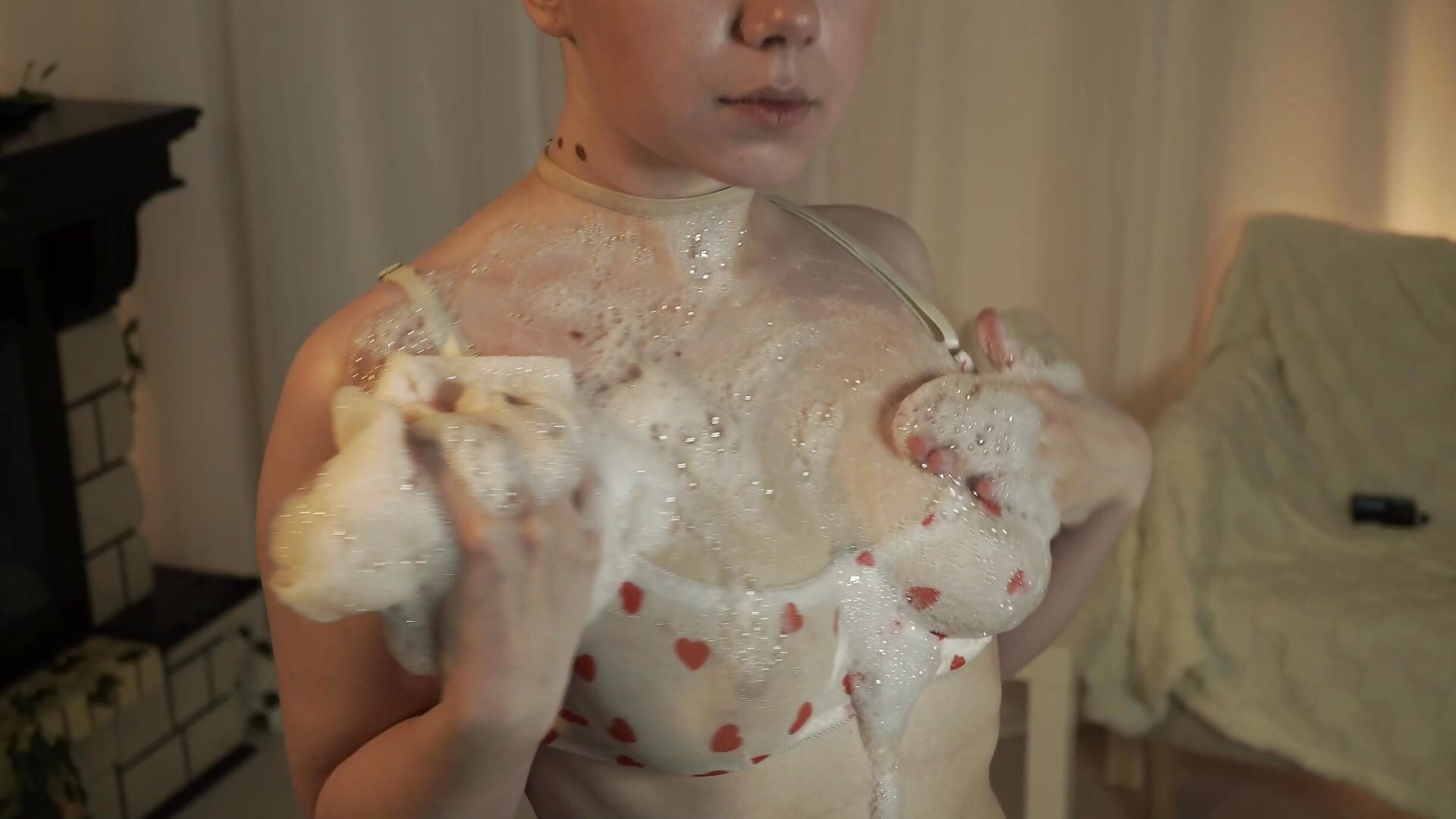 There im playing with a Foam, it's sliding on my Sexy body and my transparent bra
