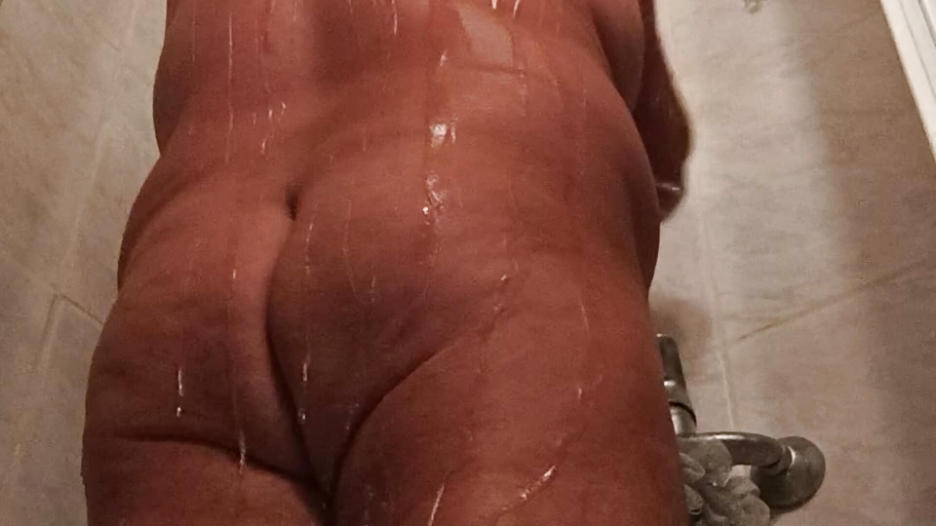 Naked Shower ribbing tits, cock and balls and fingering asshole!