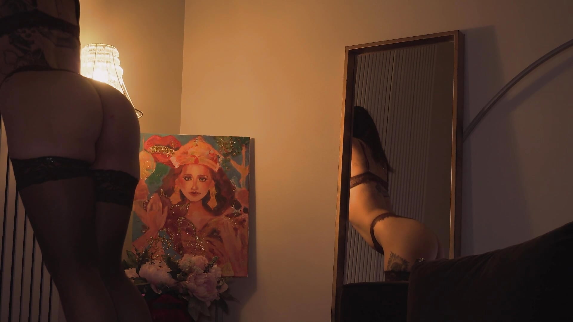 Topless erotic dance in mirror