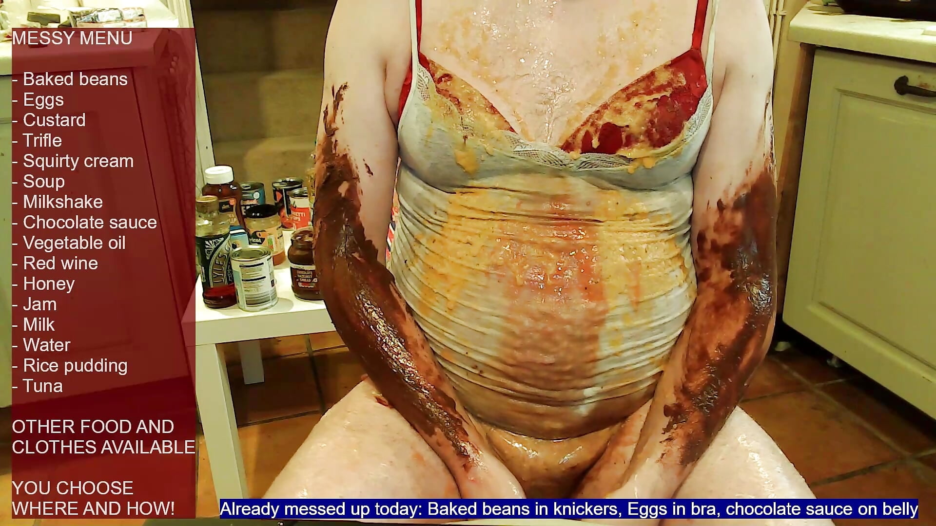 Getting very messy! Beans, soup, choc sauce, honey... - video by messyxdresser cam model