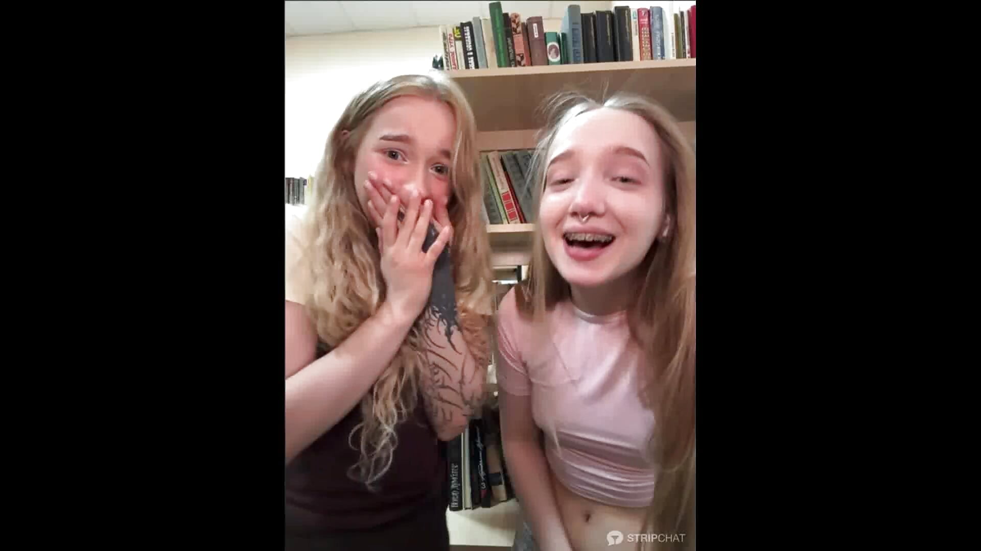 Mia and Lulu: Mia show outfit in public library while Lulu have a lot of pleasure with lush 📚 - video by bambi_lu cam model