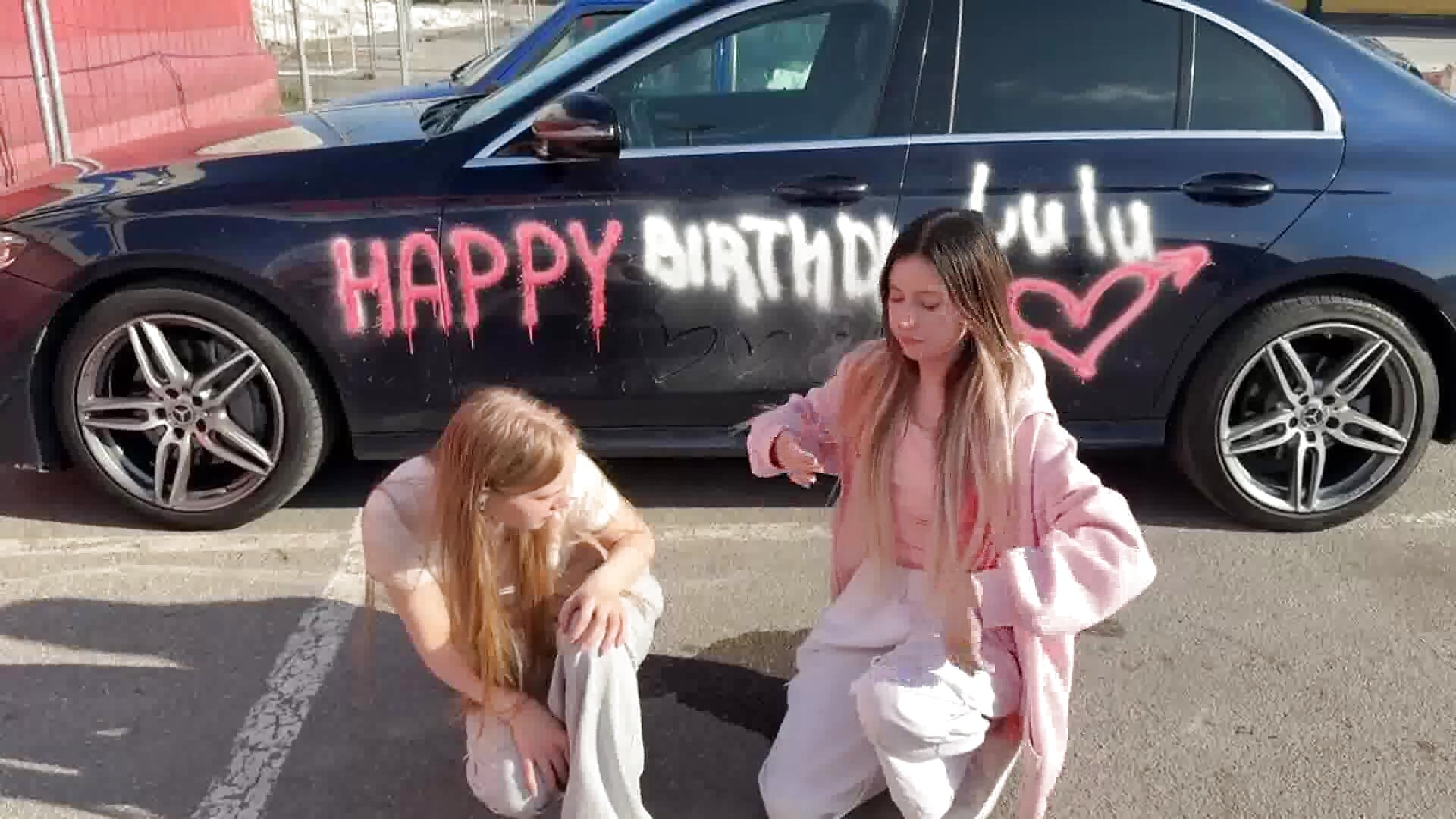 Nancy and Lulu: Nancy show naked tits on parking