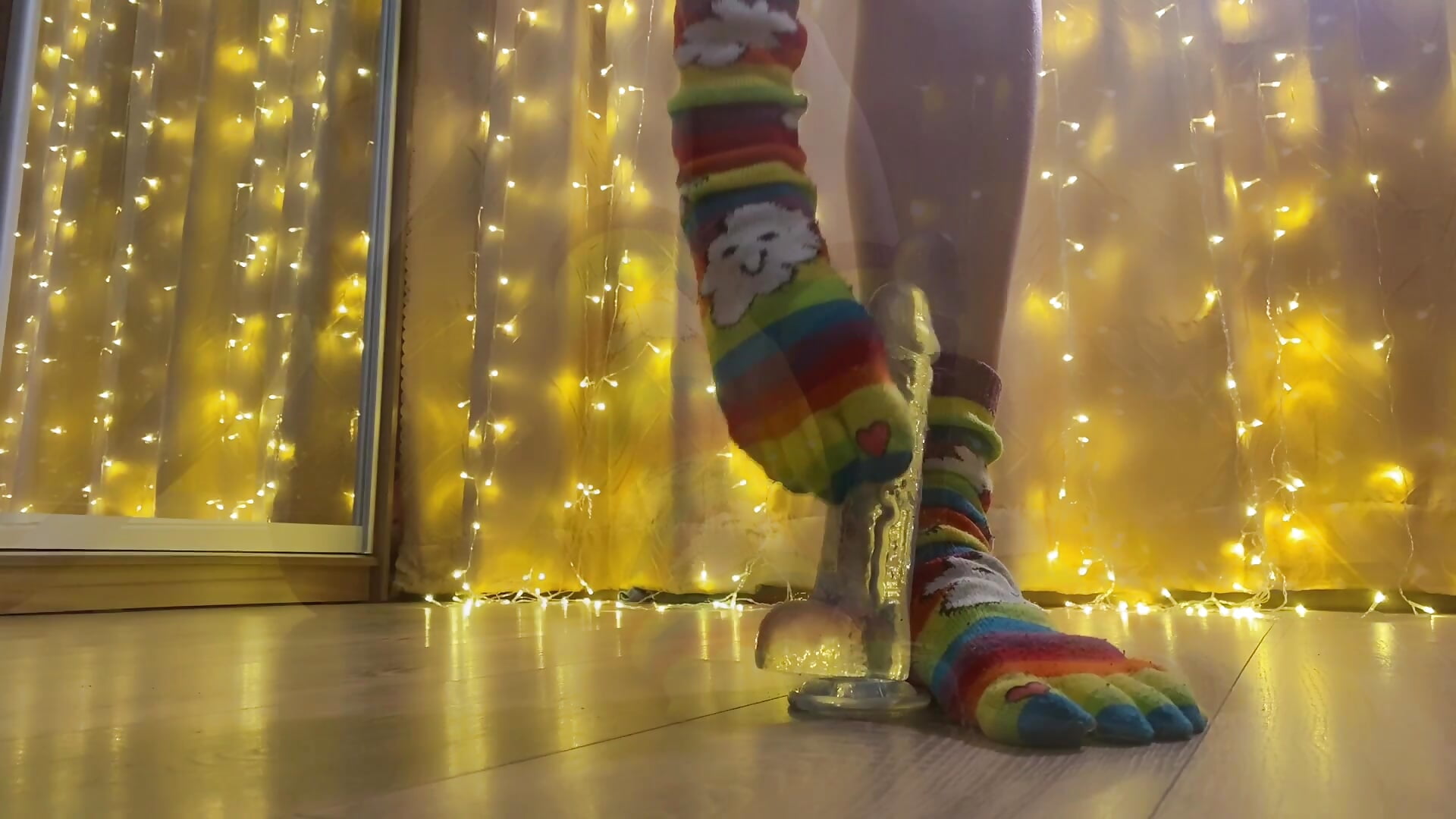 footjob in rainbow socks with toes, hairy pussy, ass and handjob, feet,legs - video by CrazyPinky cam model