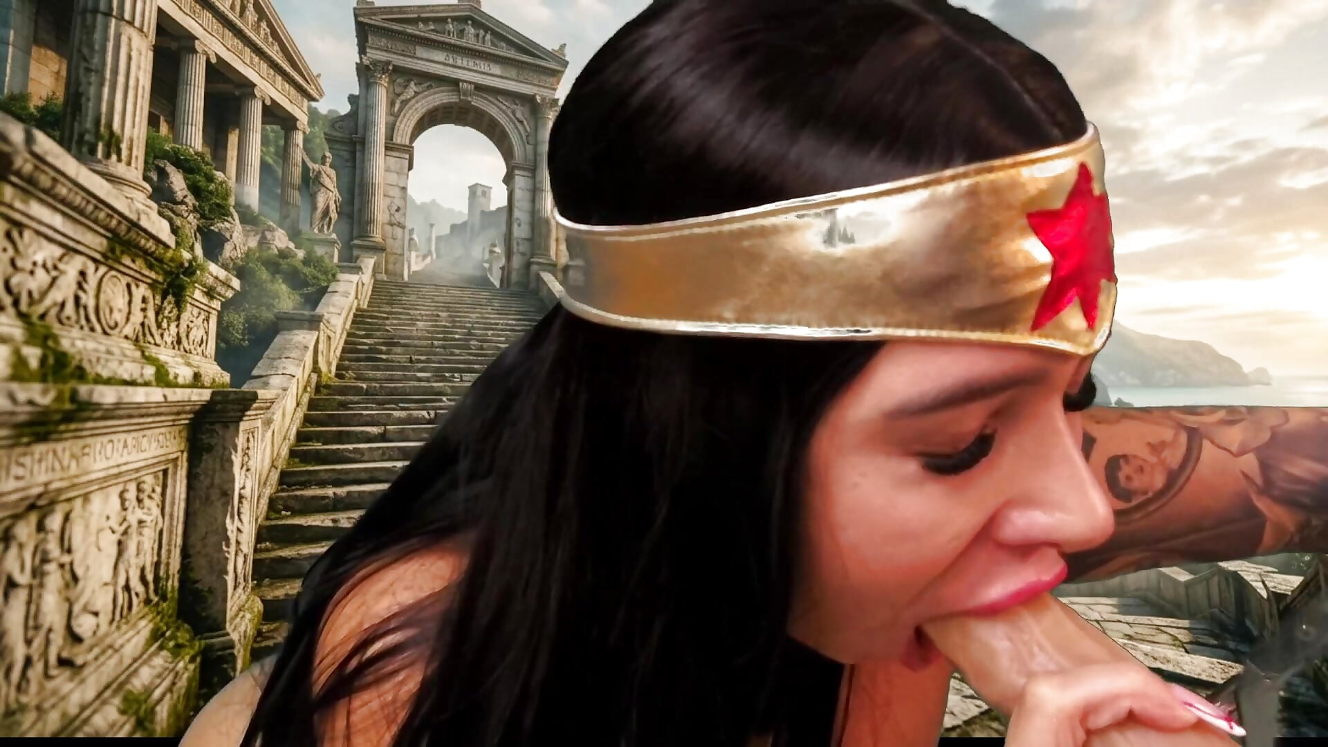 Wonder Woman performs deep throat - video oleh XXMILE kamera model