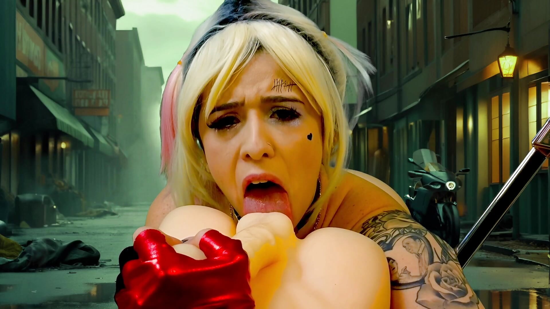 Harley Quinn deep throat totally naked and cum in mouth