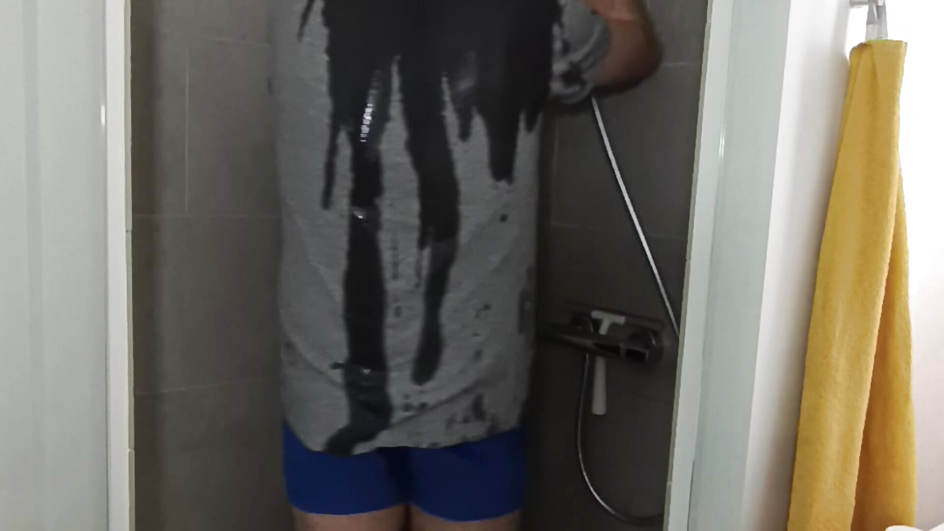 I shower for you: blue Boxer Briefs, Grey Shirt