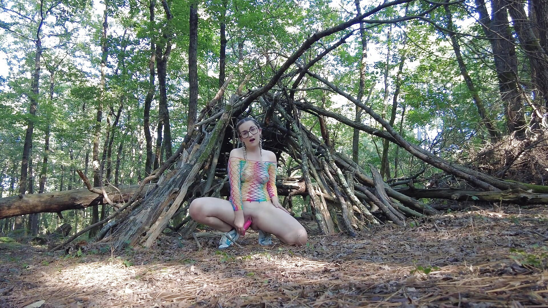 Rainbow Fishnet Forest Exhibition – Naked Walk & Dildo Play in Woods