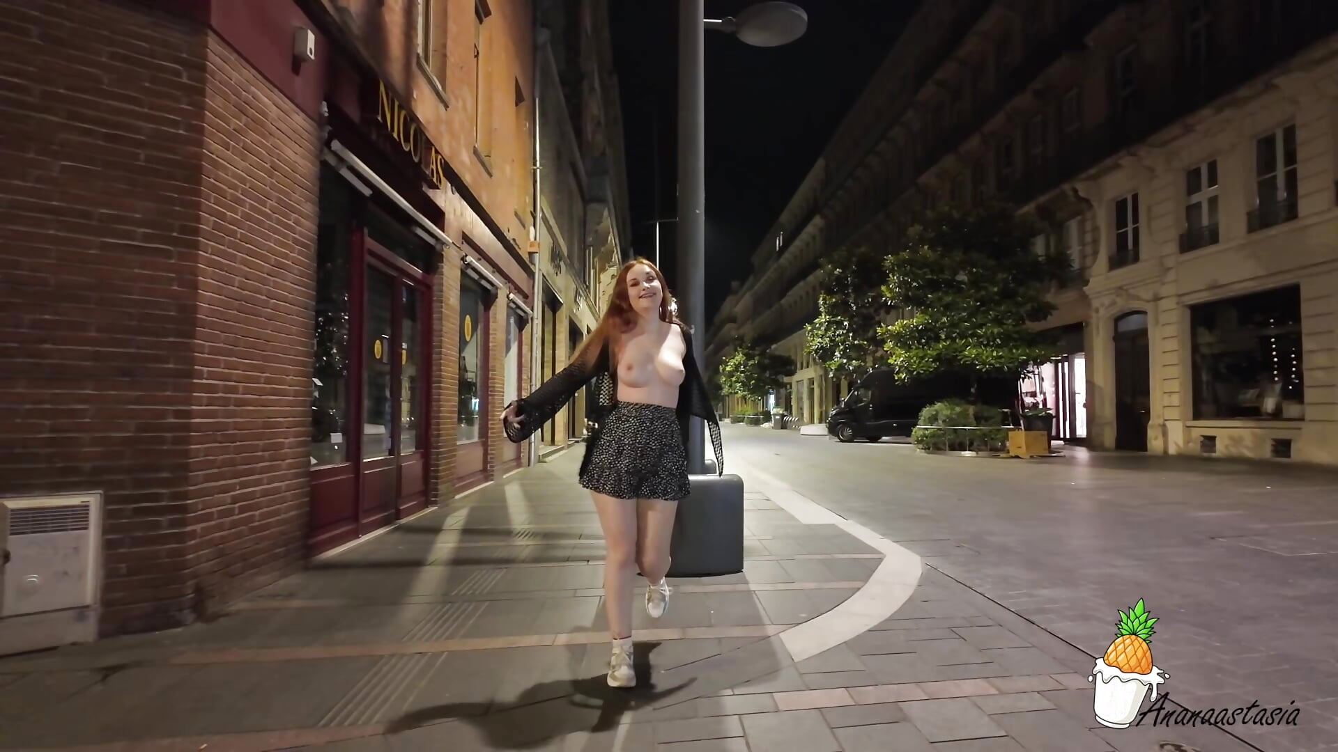 Public Topless & Panty-Free Stroll in City at Night – Extreme Mini Skirt Exhibition - video by AnastasiaDelacour cam model
