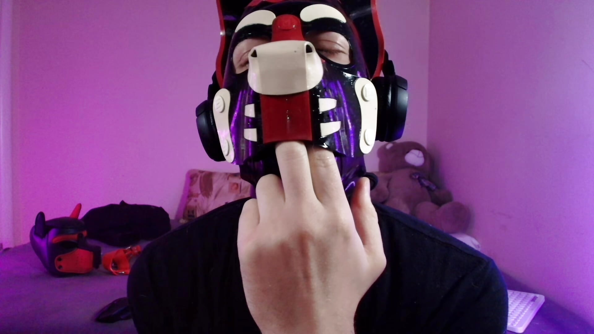 Latex pup gets messy right in your face