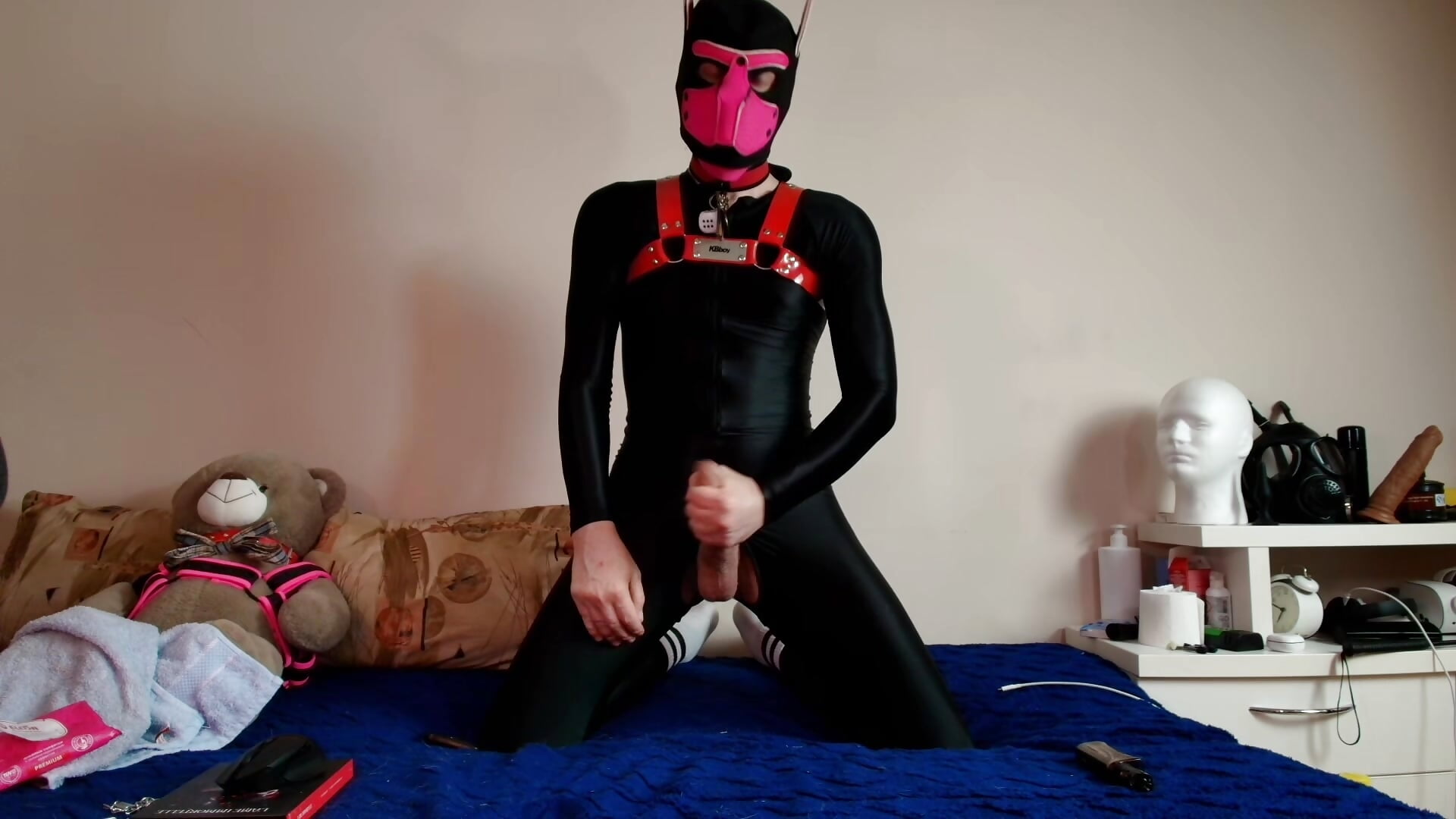 Pink masked pup strokes his thick bone