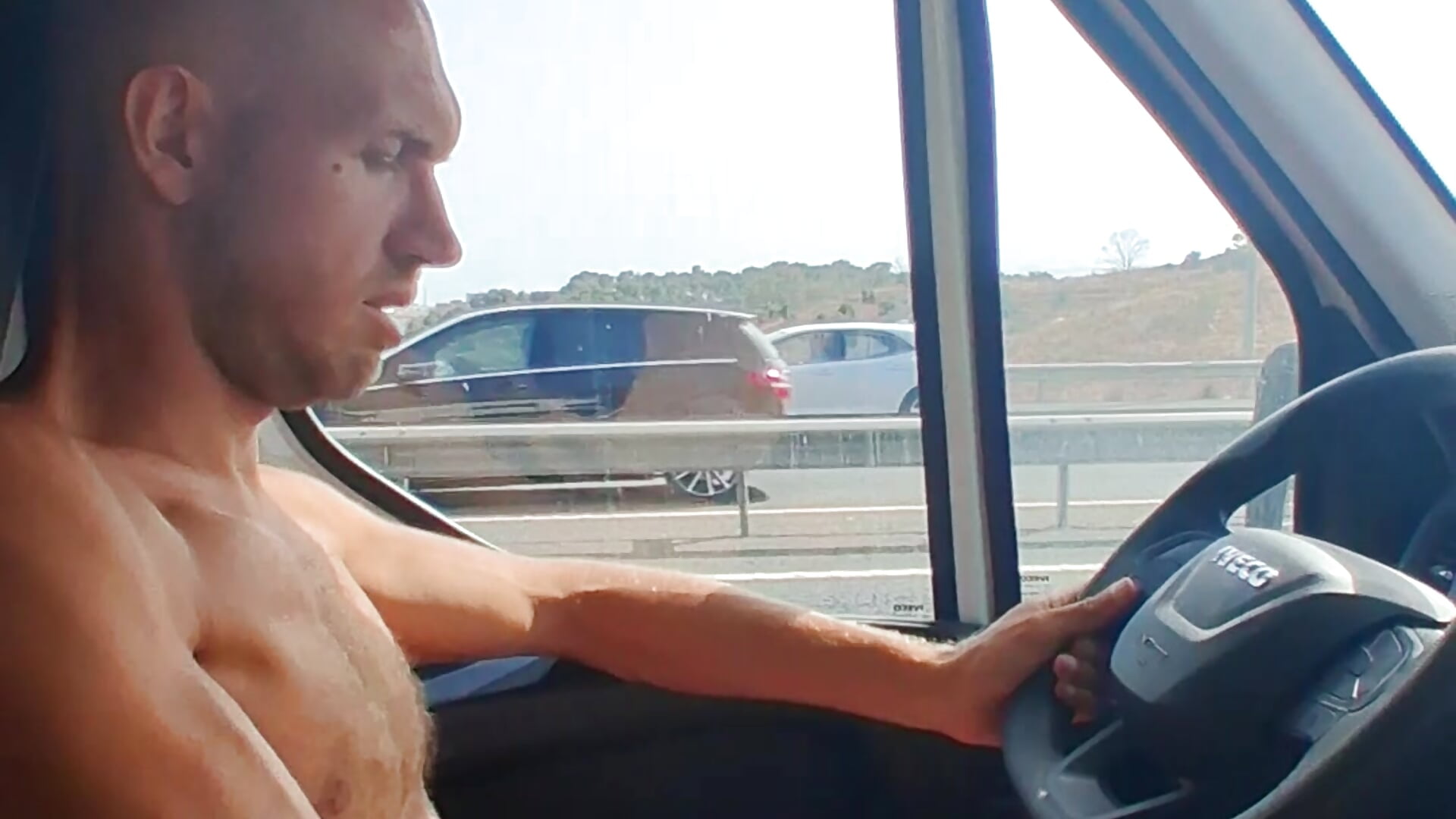 Jerk with Cum in our Camping Bus while driving on the high way