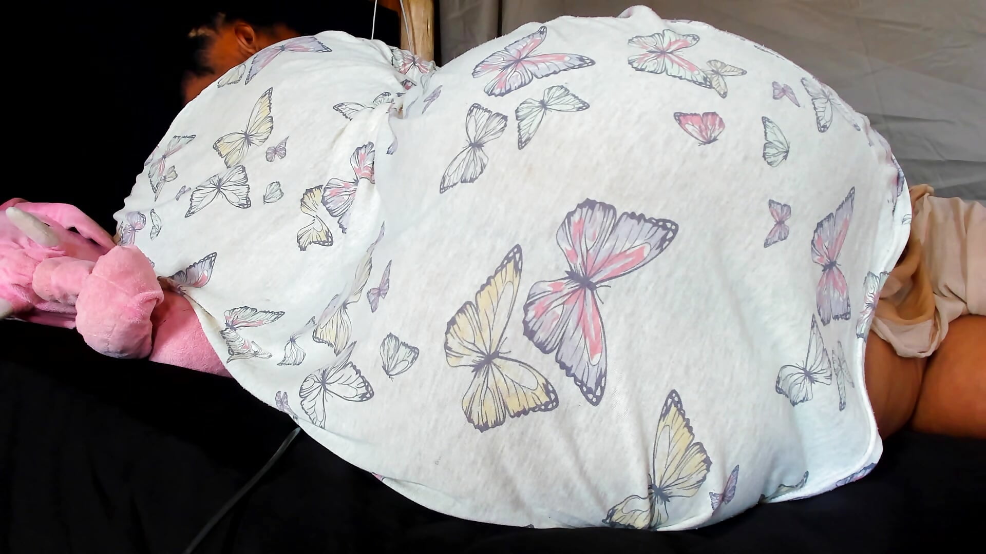 Lying down sideways, shaking my big booty and spreading extremely close-up to cam...