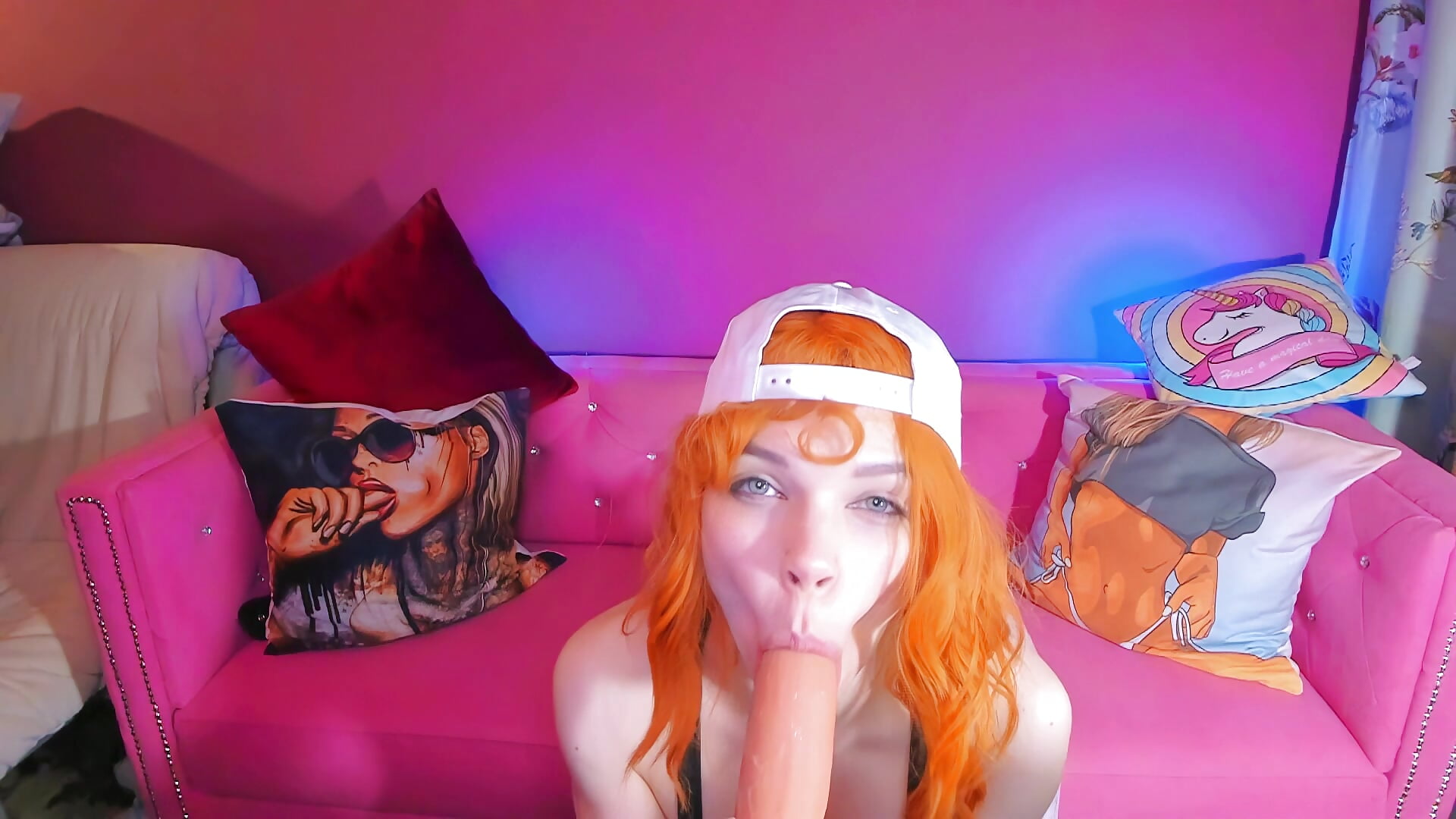 Redhead teen slobbery deepthroats and throat fucks herself with big dildo!