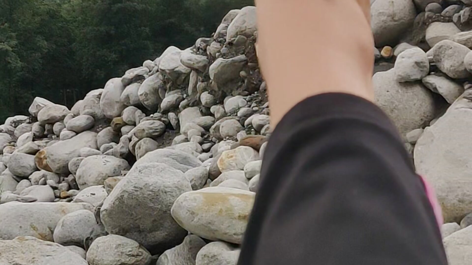 Goddess's long legs wth red nail polish on her toes, rise to the clouds n dive into a glacial stream