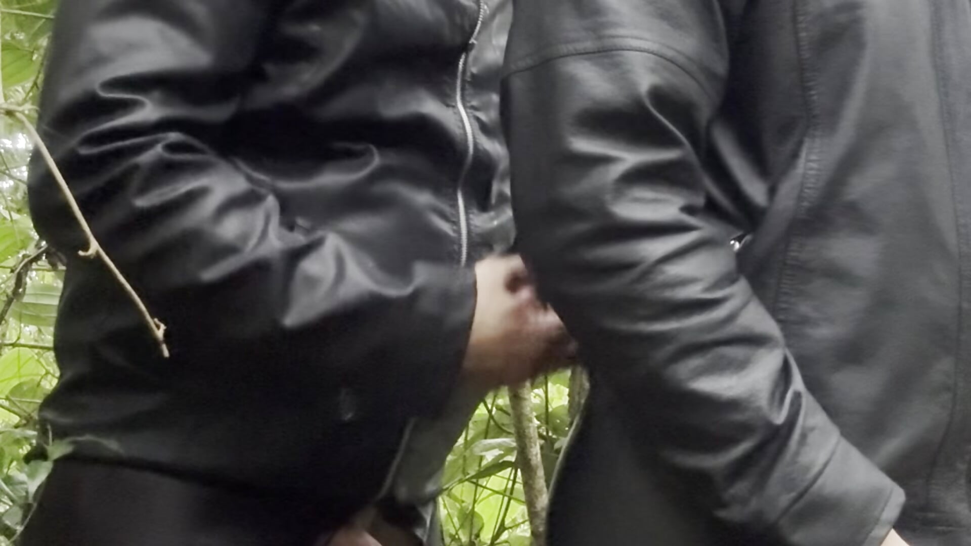 Having horny fun at the forest with leather clouths on,  huge creampie, and cum in mouth. - video by Neil_and_isaac