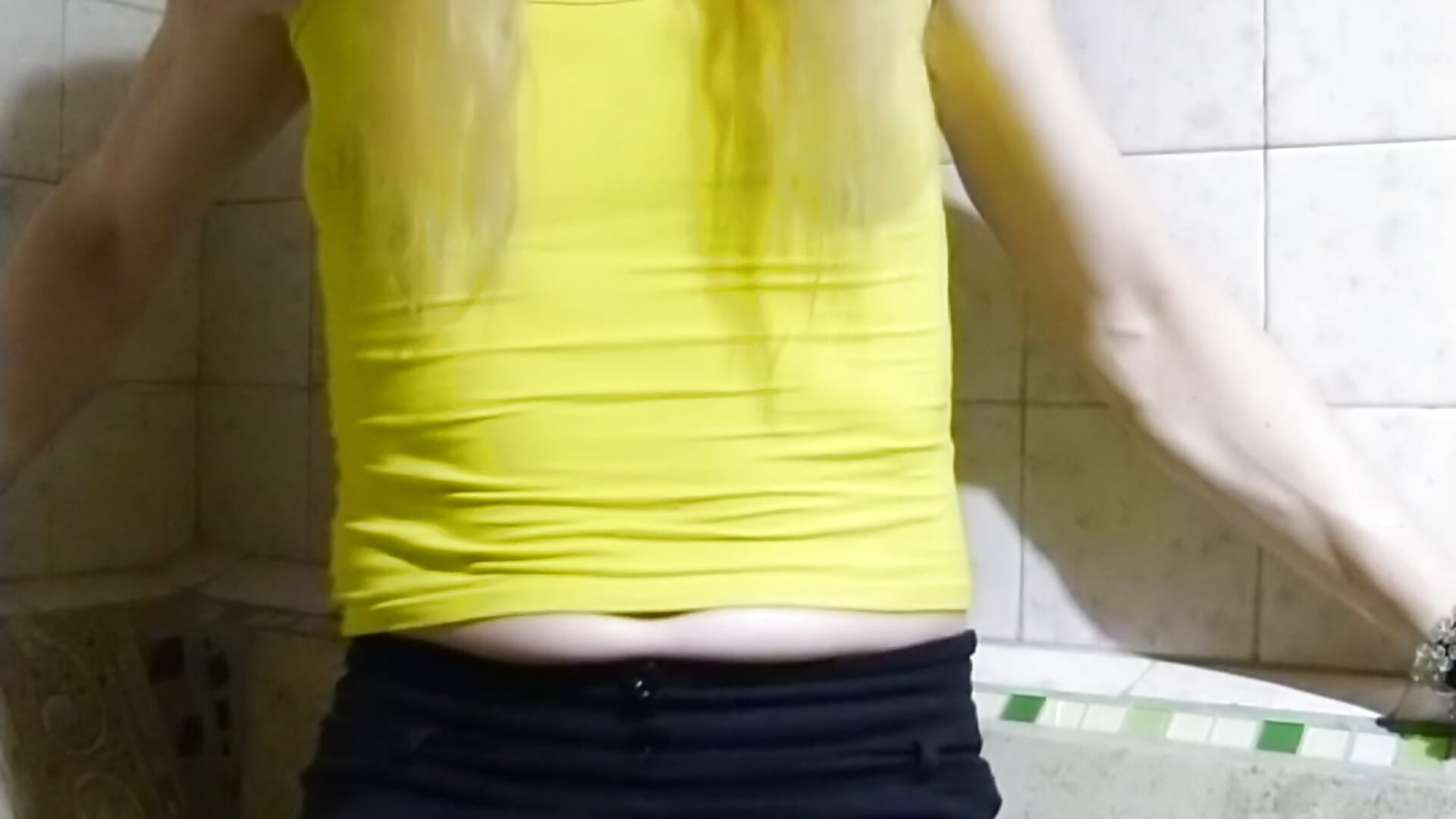 Wetlook 11. Refresh myself in bathroom in black pantyhose, black skirt and yellow top tank... - video by Alexa_Cosmic cam model
