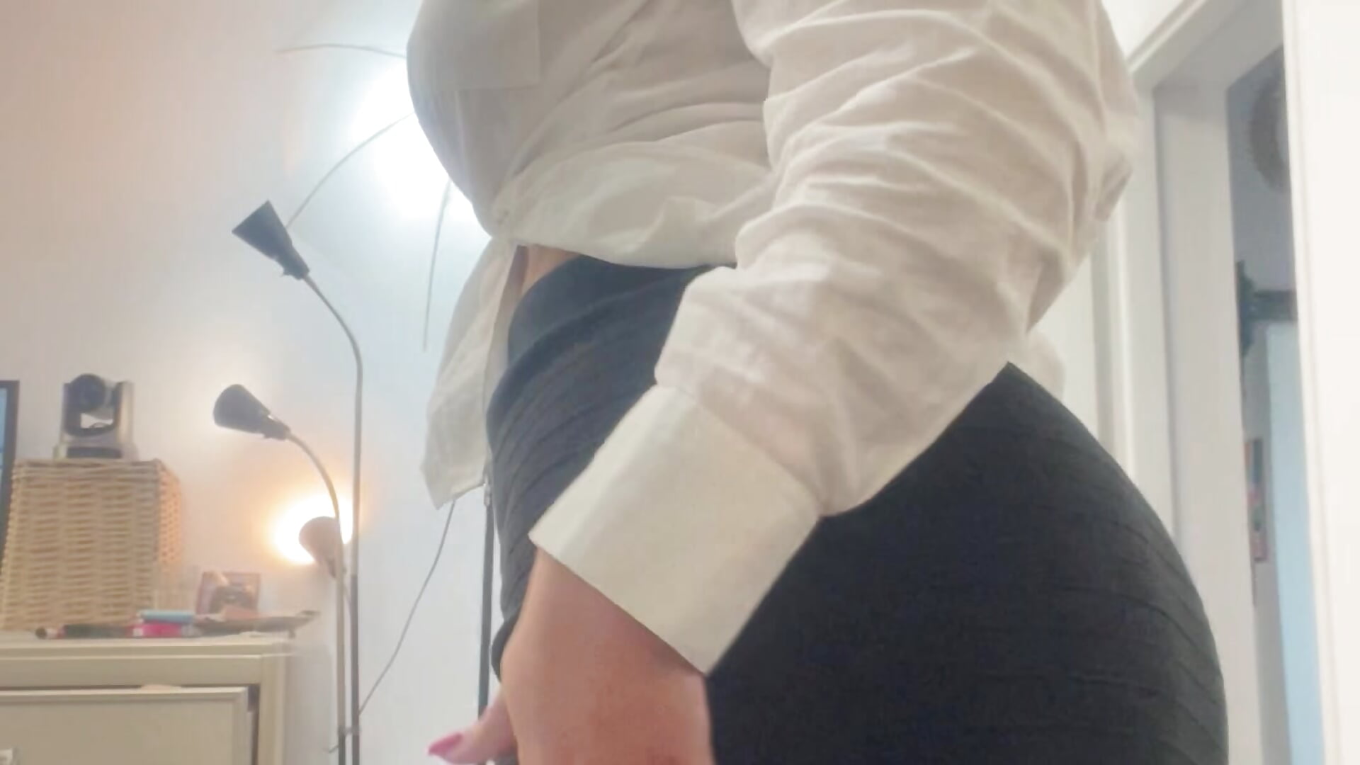 Secretary outfit with no panties, sucking a black dildo on the mirror!
