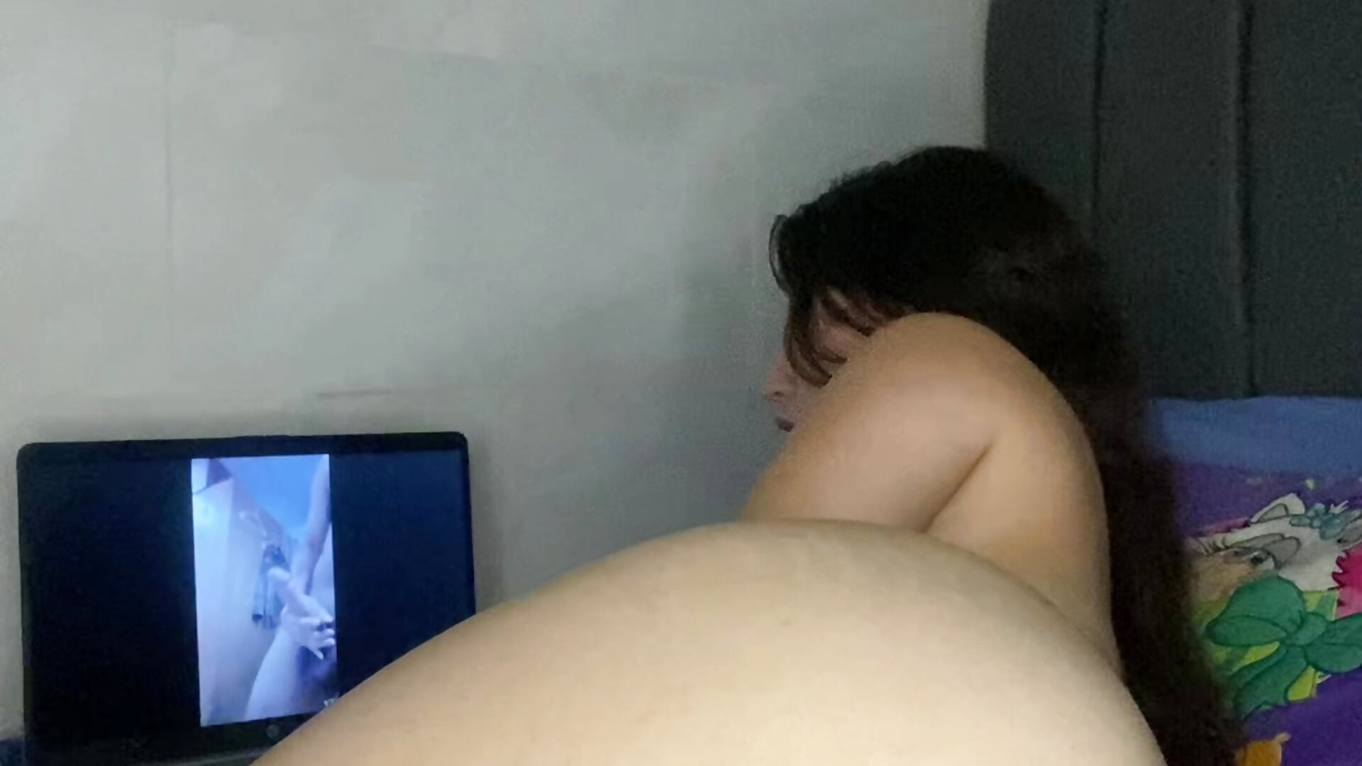 Watching porn and masturbating in my bed with a blue big dildo  (PART 1)