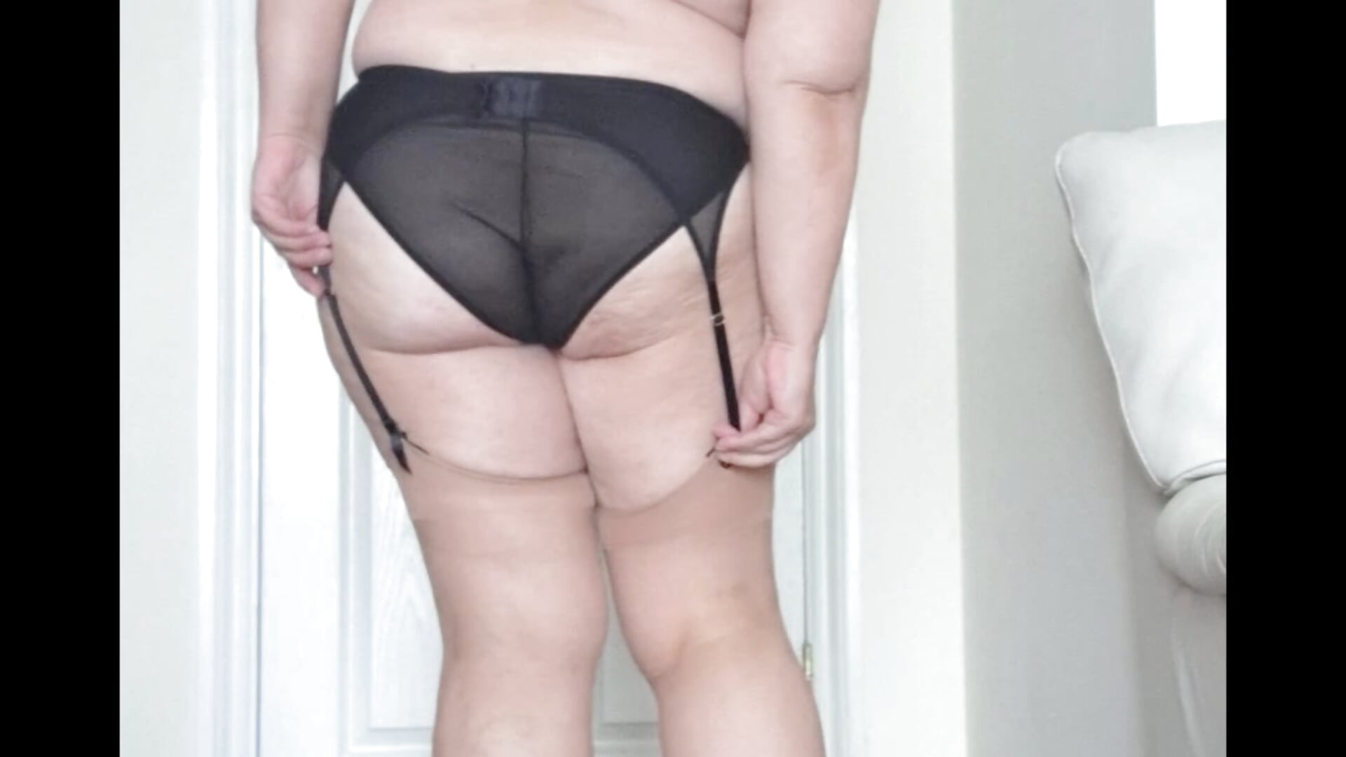 Honey at home wearing dress and...Old Fashioned Capron Stockings, Heels